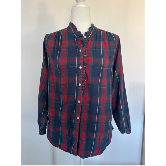 Birds of Paradis by Trovata Tops - Birds of Paradis by Trovata Plaid Flannel Ruffle Collar Shirt Navy Red Medium